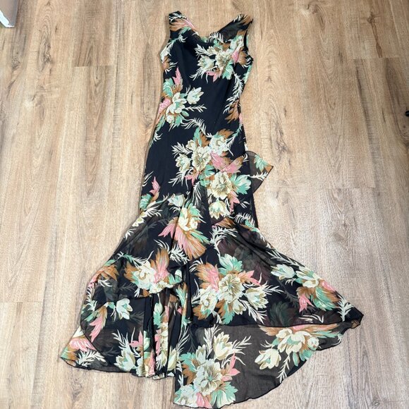 Vintage 90s Maxi Dress Floral Black Beaded Matching Scarf Fairy Feminine M - Picture 7 of 16